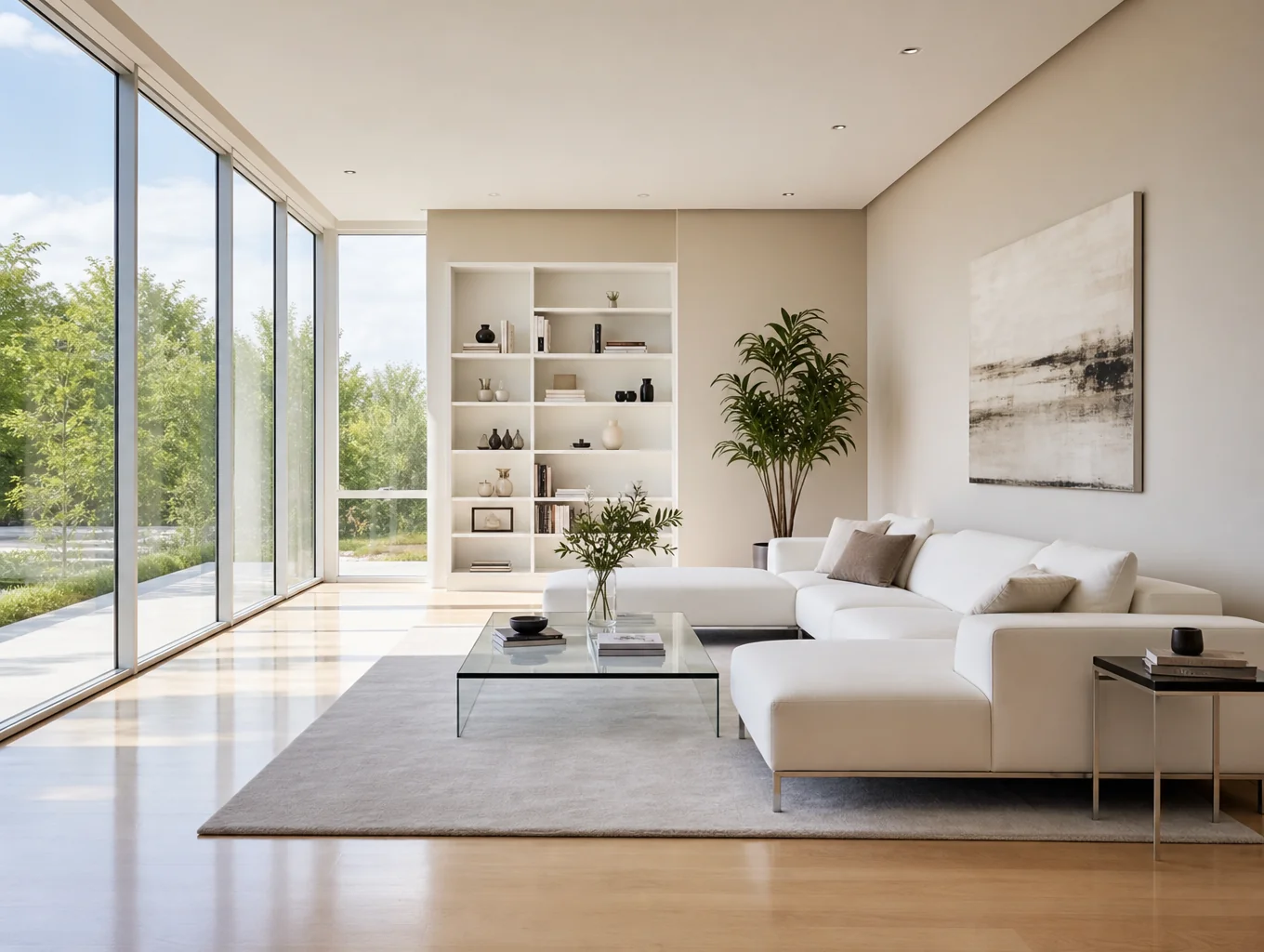 Minimalist modern living room with air purification technology