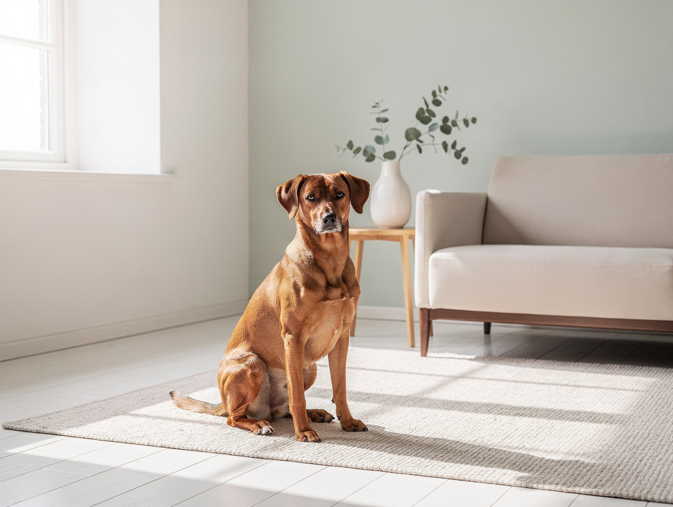 Modern clean living room with a happy pet and air purifier
